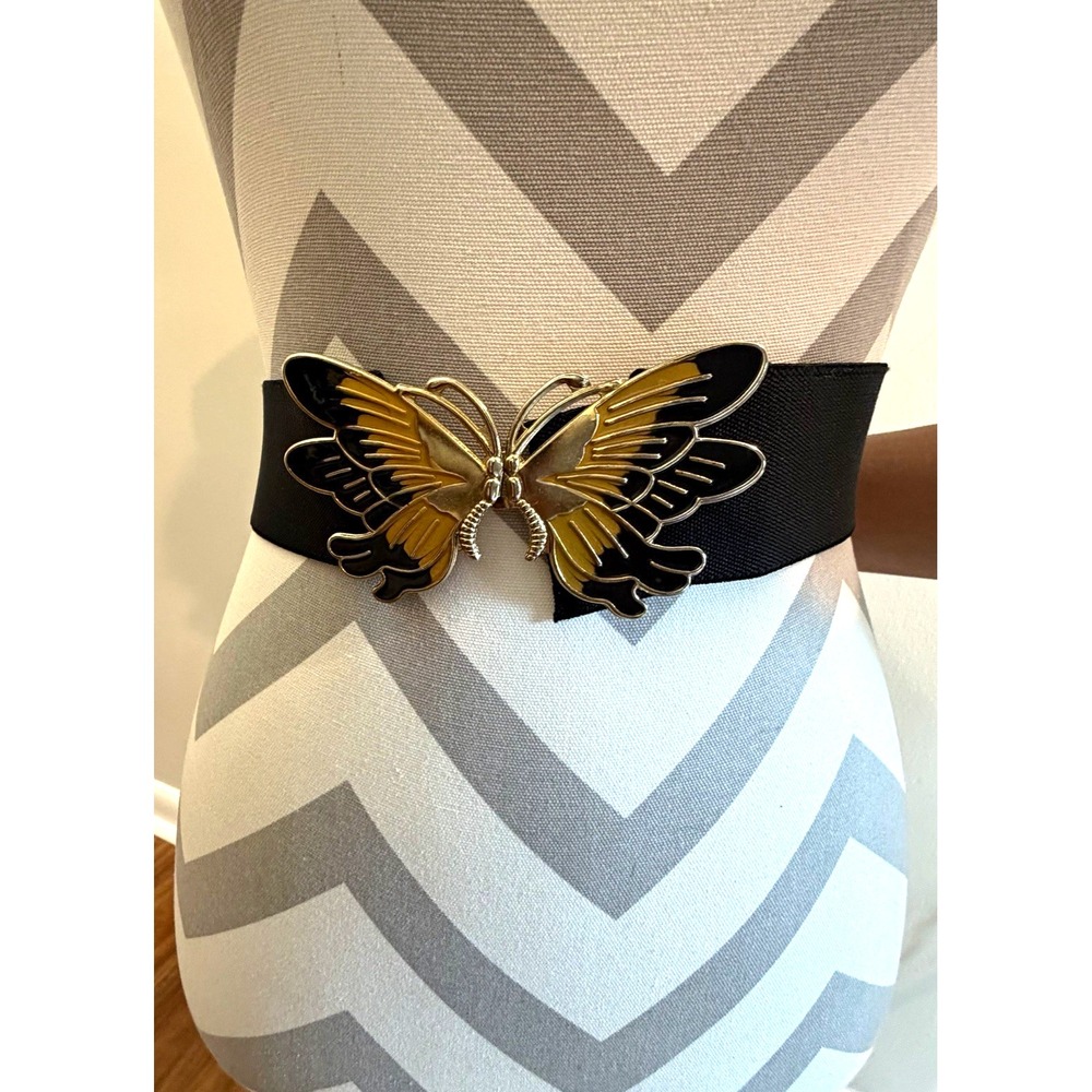 Vintage Black Elastic Cinch Belt Gold Butterfly Enamel Waistbelt